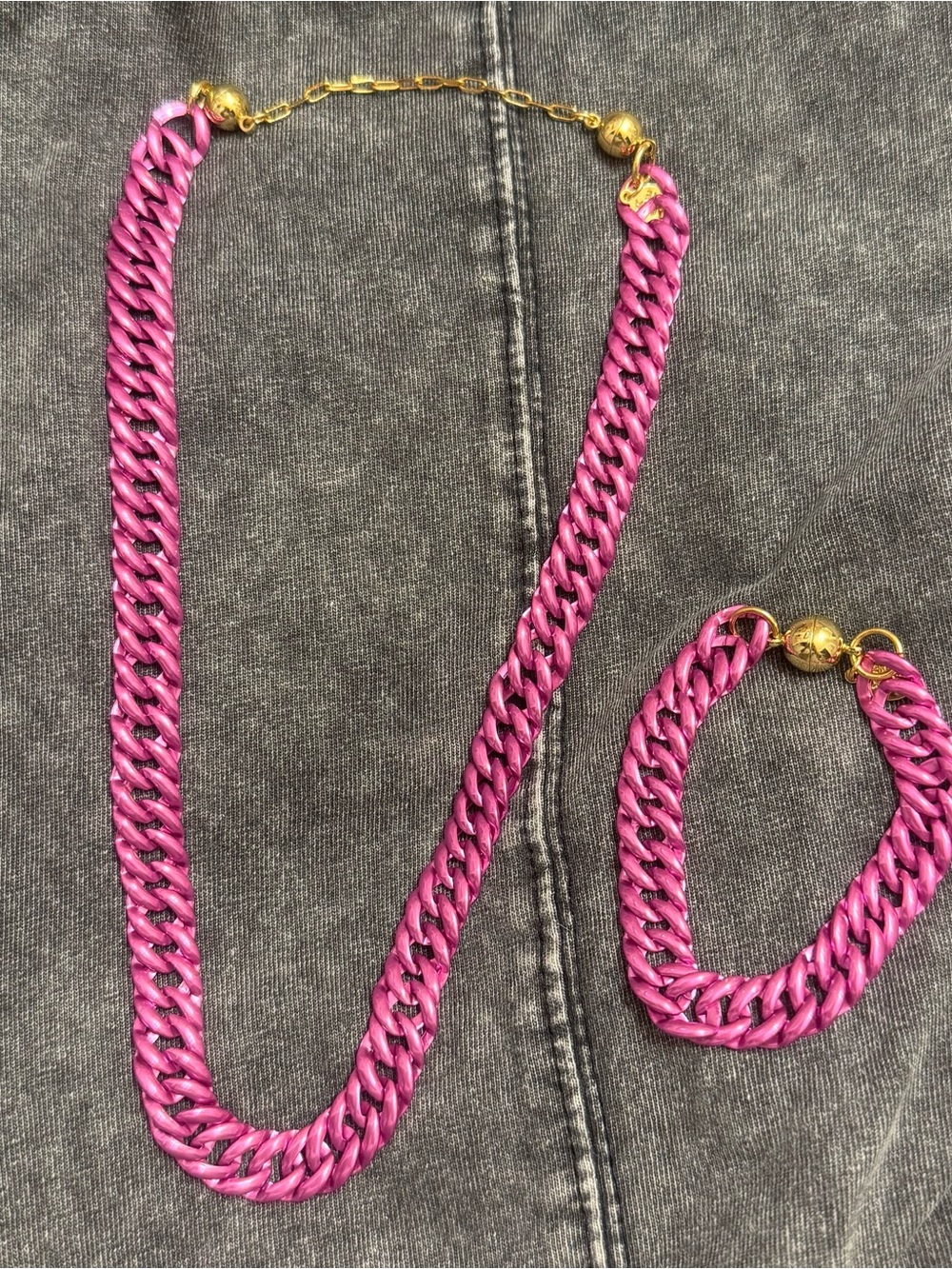 Bold Pink Chain Necklace and Bracelet Set with Gold Accents